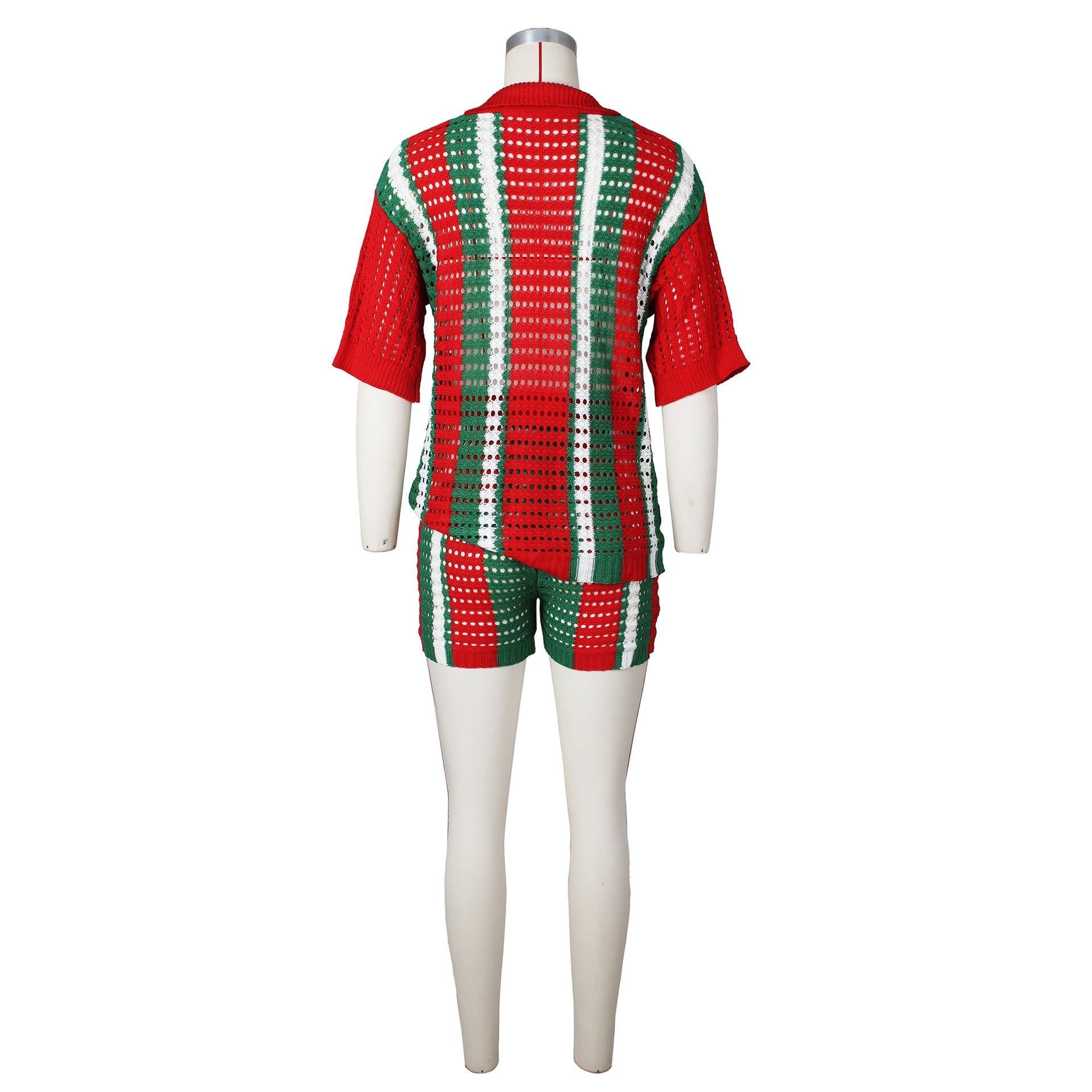Hollow out See-through Contrast Color Lapels Knitted Shorts Suit