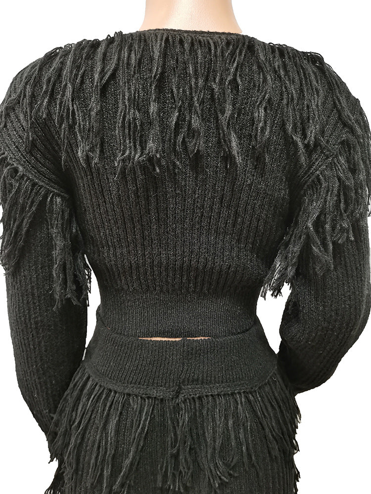 Casual Solid Color Knitted Long Sleeve Tassel Suit Women's Knitted Sweater