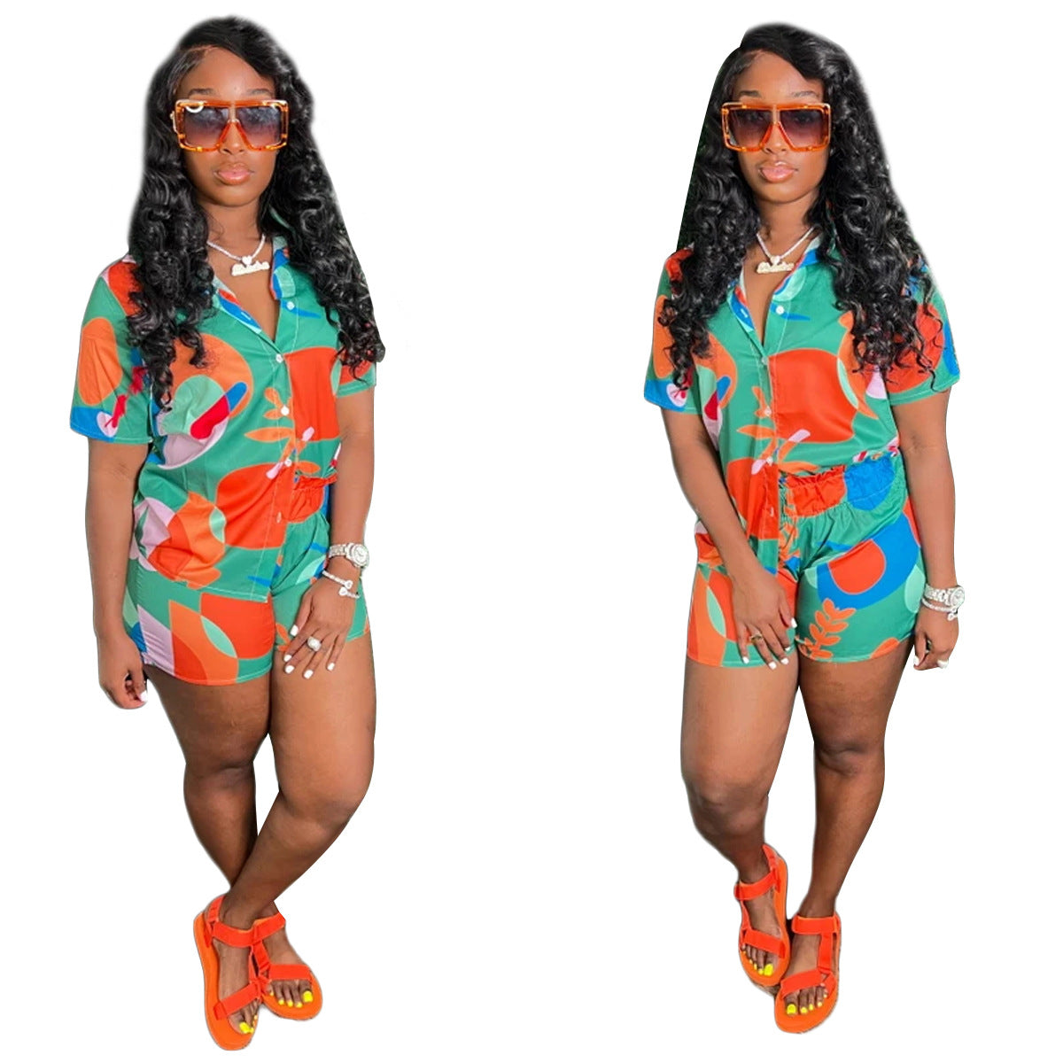 Printed Shirt Short Sleeve Shorts 2PC Set