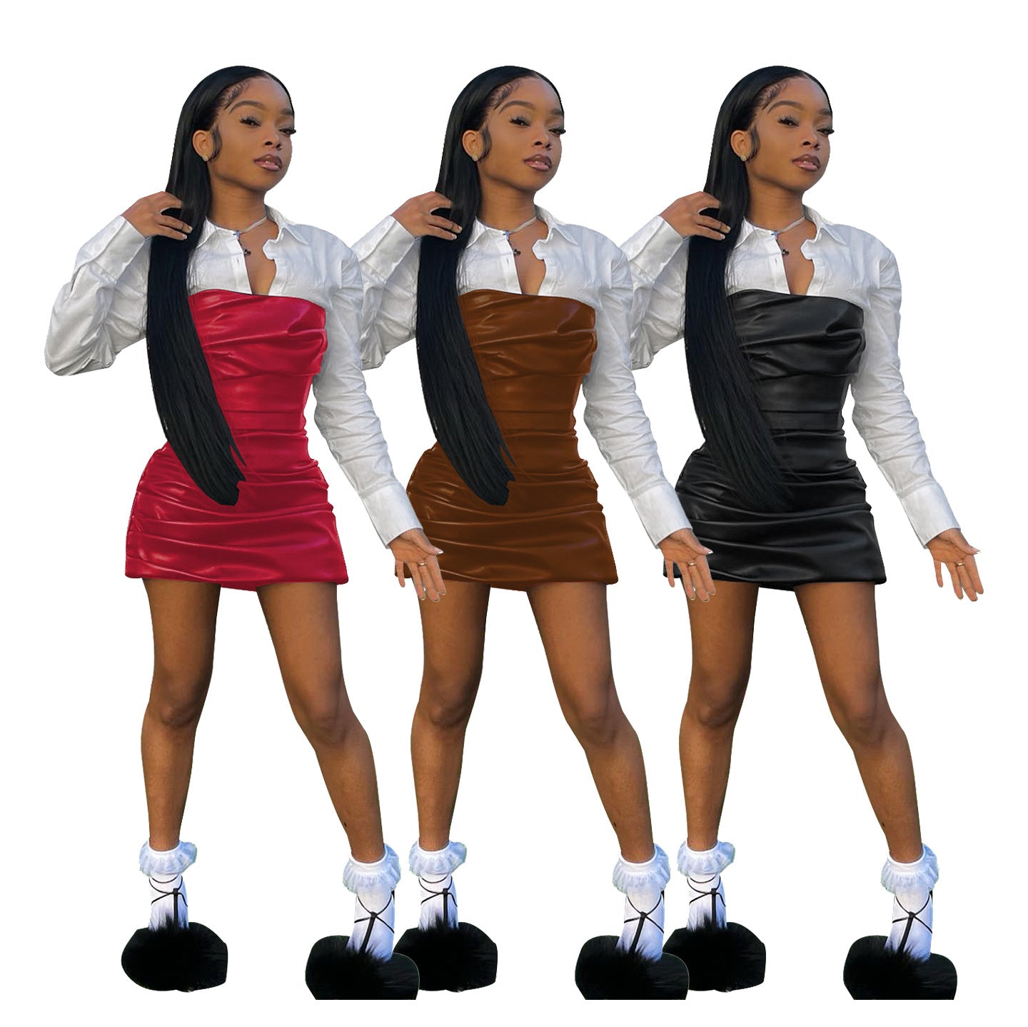 Shirt Stitching Leather Skirt Pleated Fake Two-piece Punk Dress