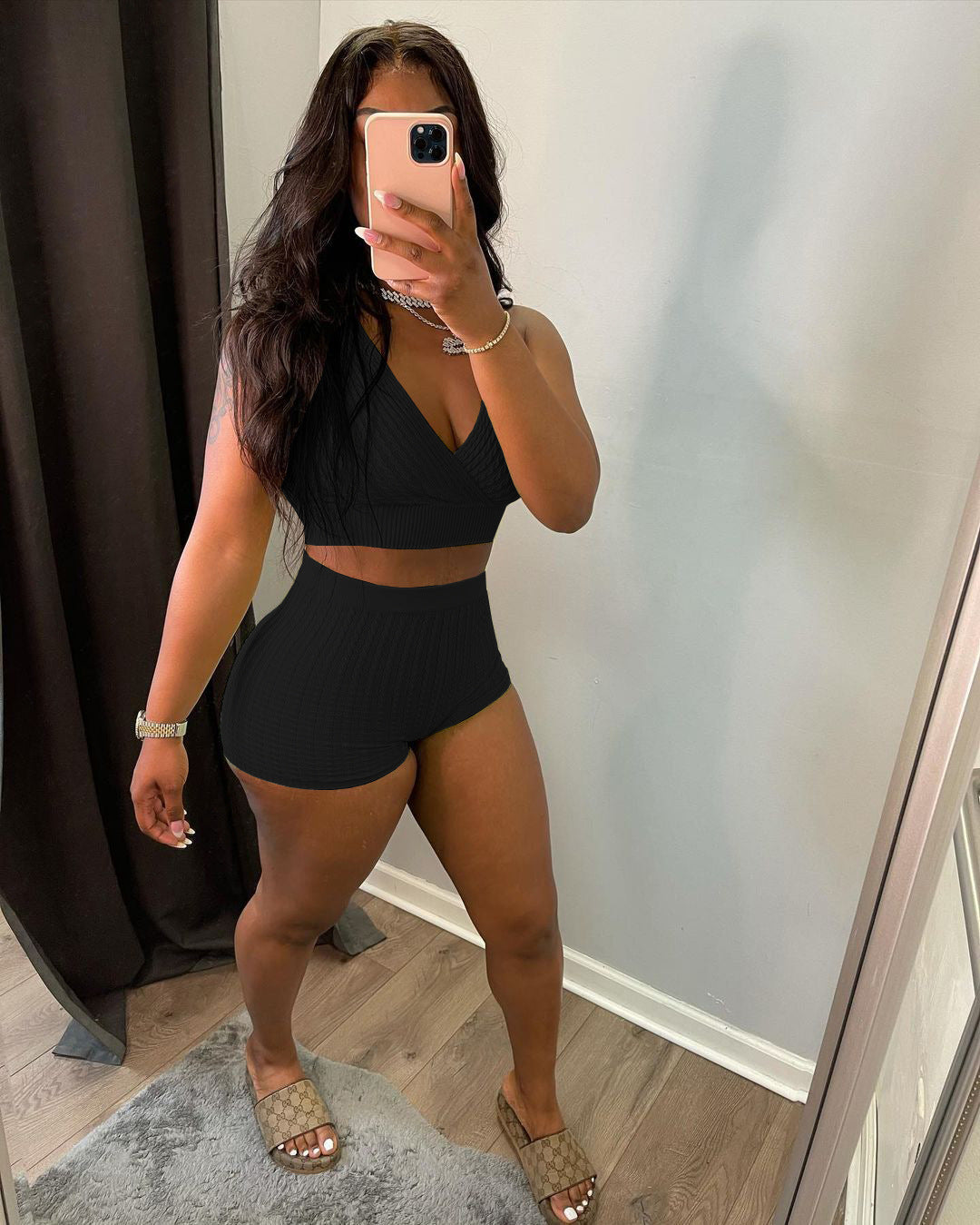 Solid Color Thread Puff Jacquard Vest Shorts Set