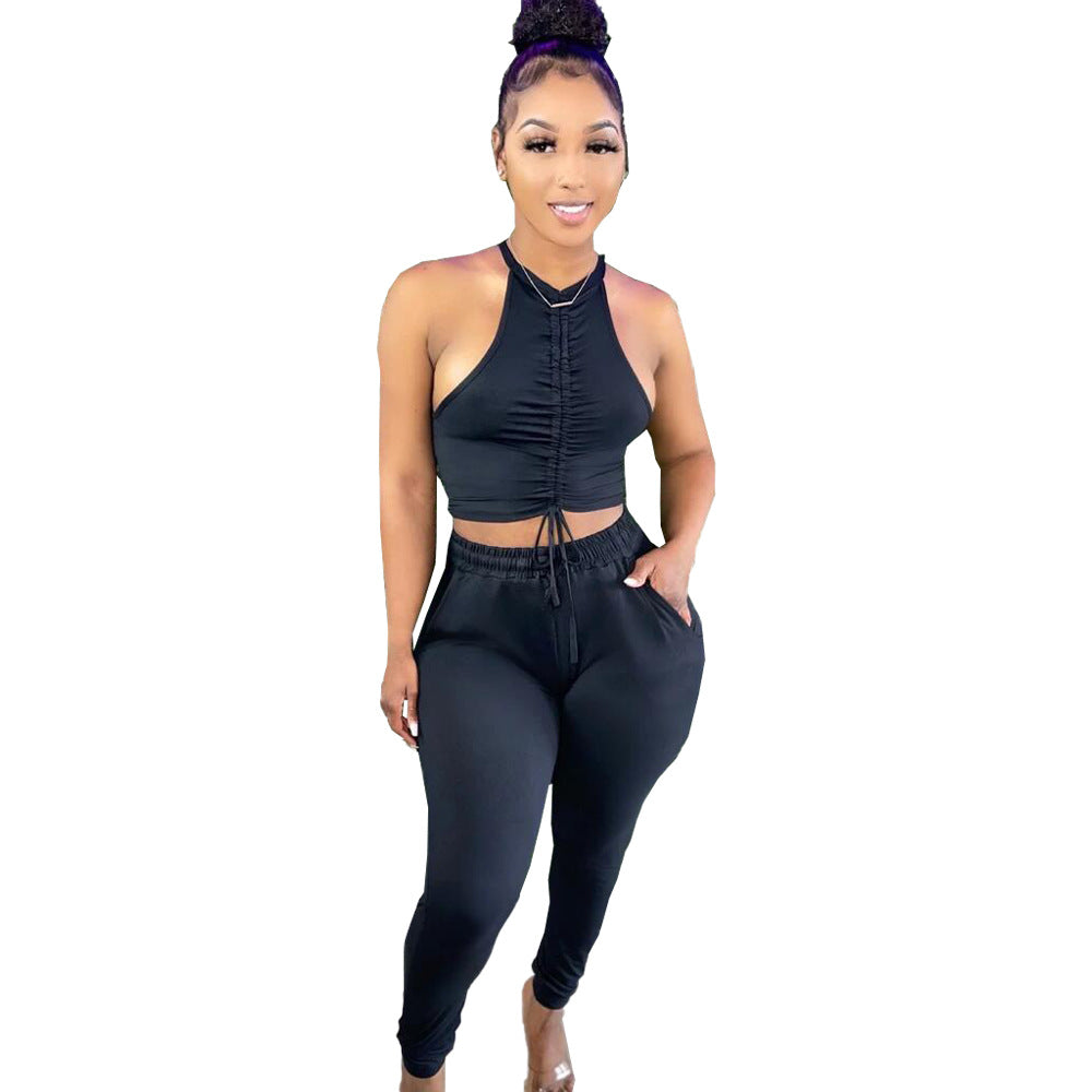 Solid Color Pleating Vest 2PC Set