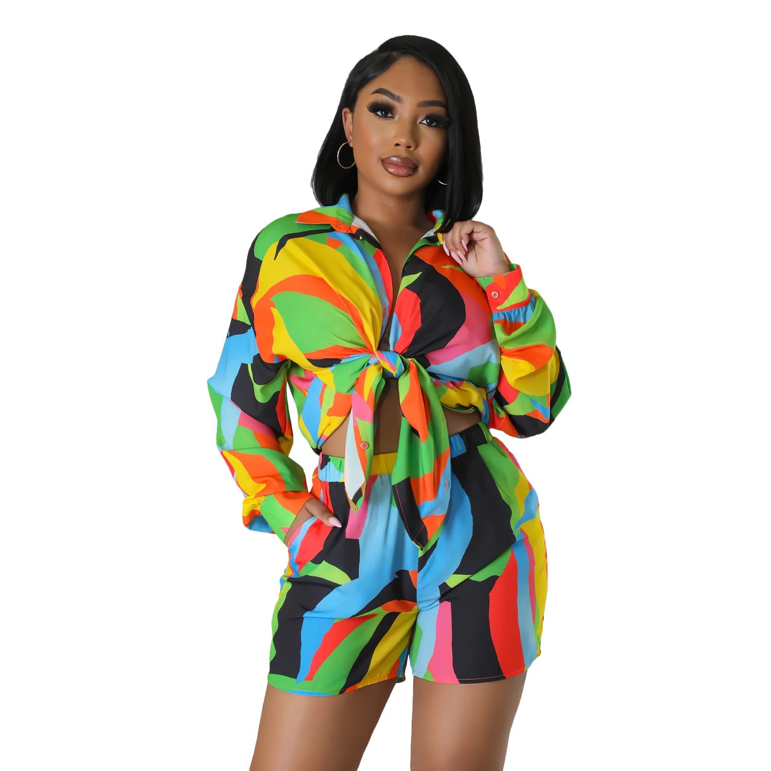 Printed Long Sleeve Shorts Two-piece Set