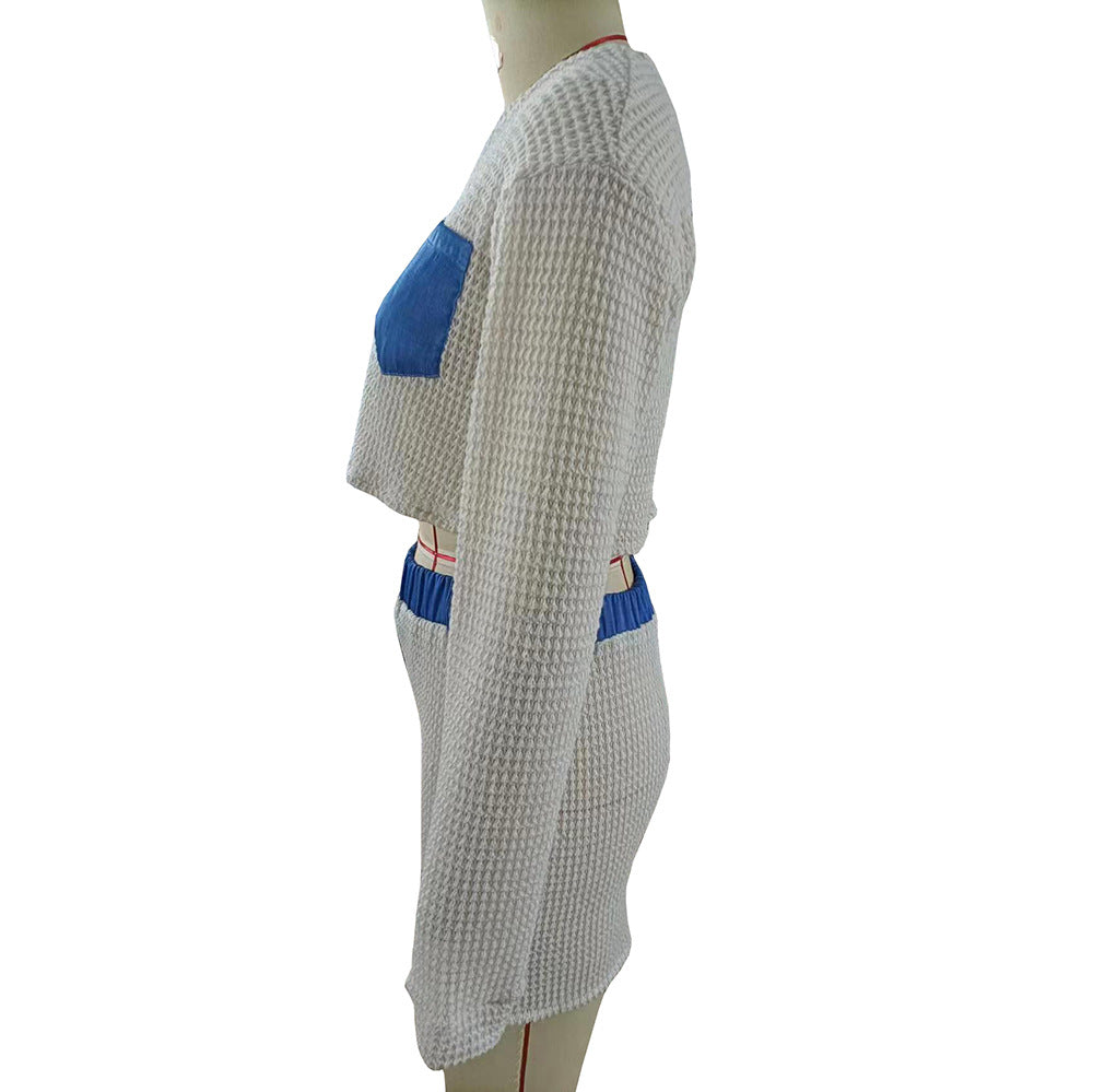 Spliced bare mesh long sleeved hip wrap skirt set