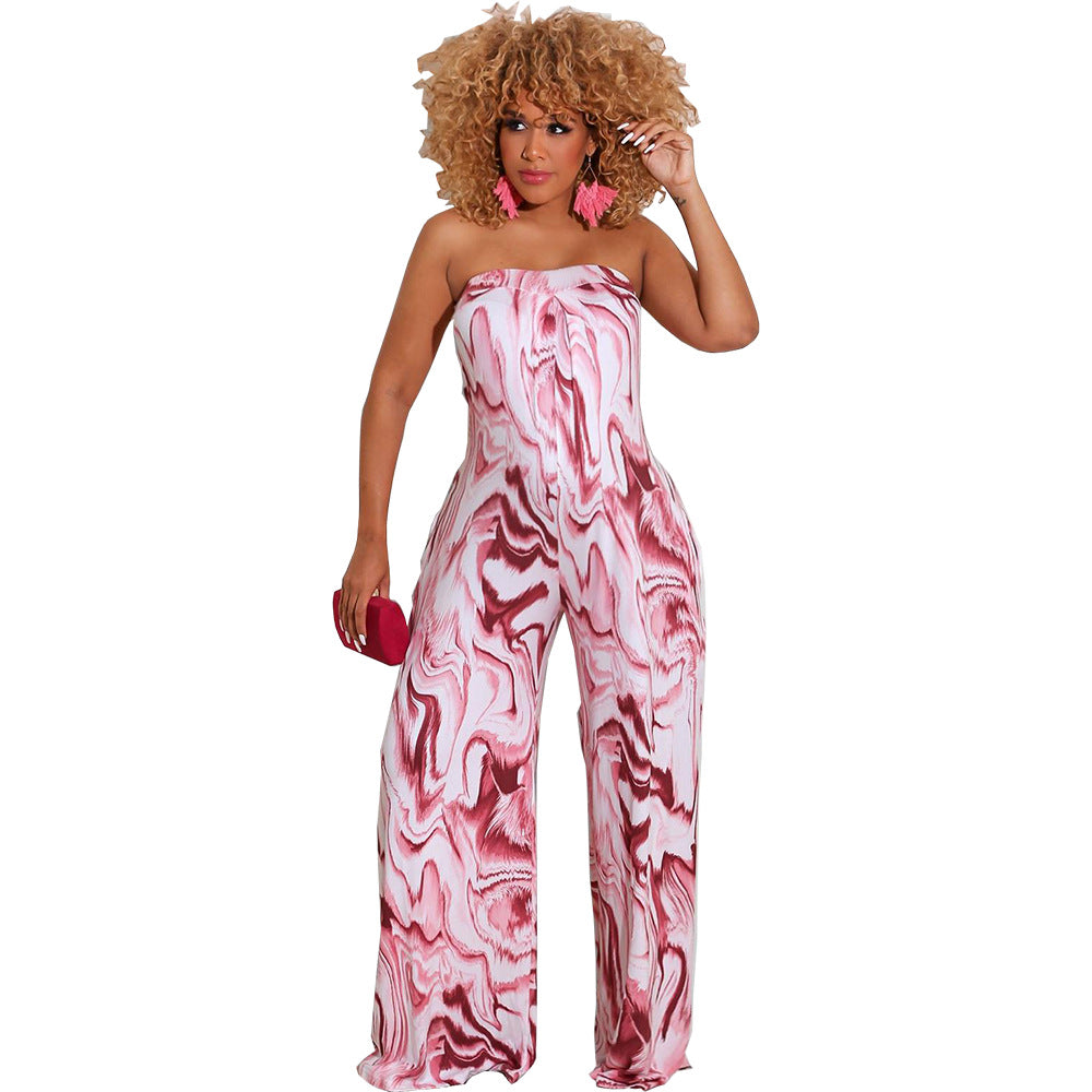 Bandeau Marble-print One-piece Wide-leg Trousers Loose Fit