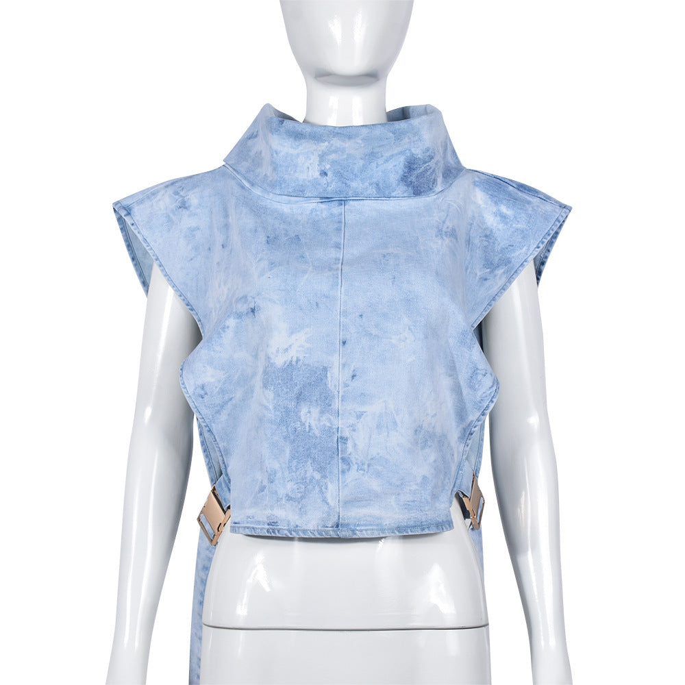 Lace-up Turtleneck Washed Sleeveless Denim Short Vest
