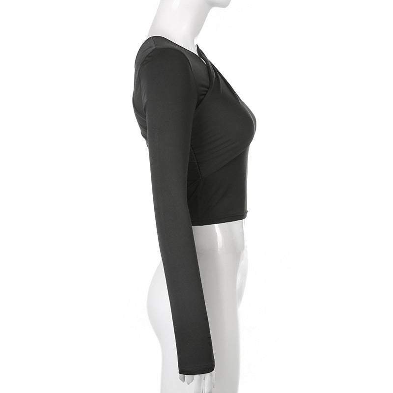 One Shoulder Asymmetric Solid Color Long Sleeve Top T-shirt