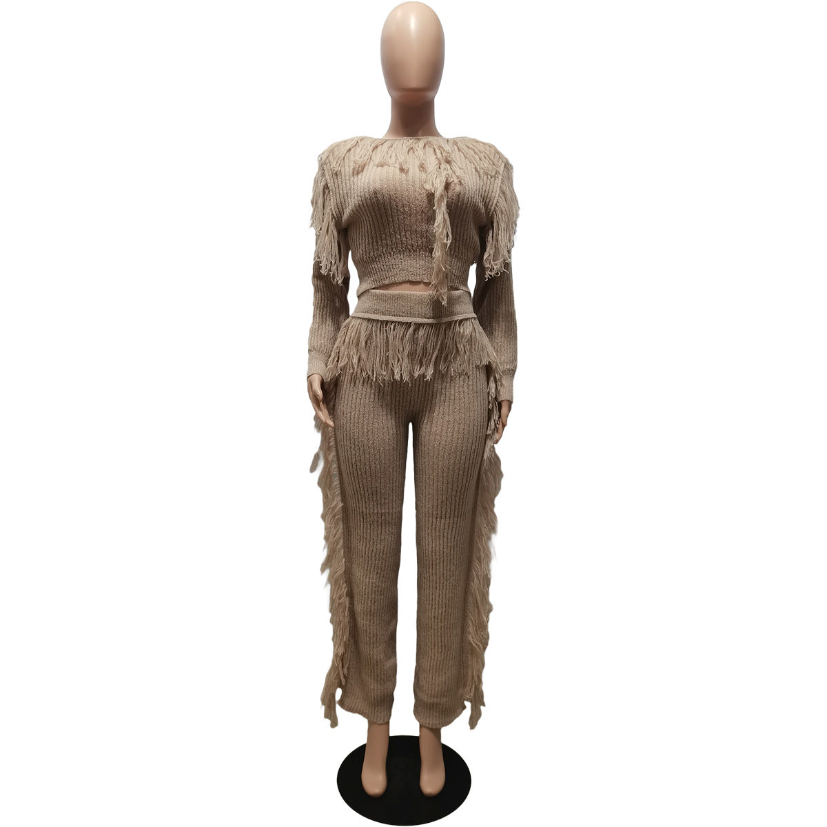 Casual Solid Color Knitted Long Sleeve Tassel Suit Women's Knitted Sweater