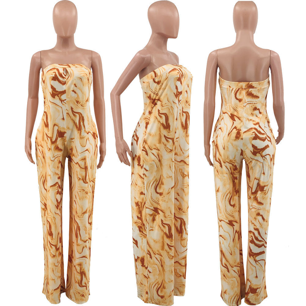 Bandeau Marble-print One-piece Wide-leg Trousers Loose Fit