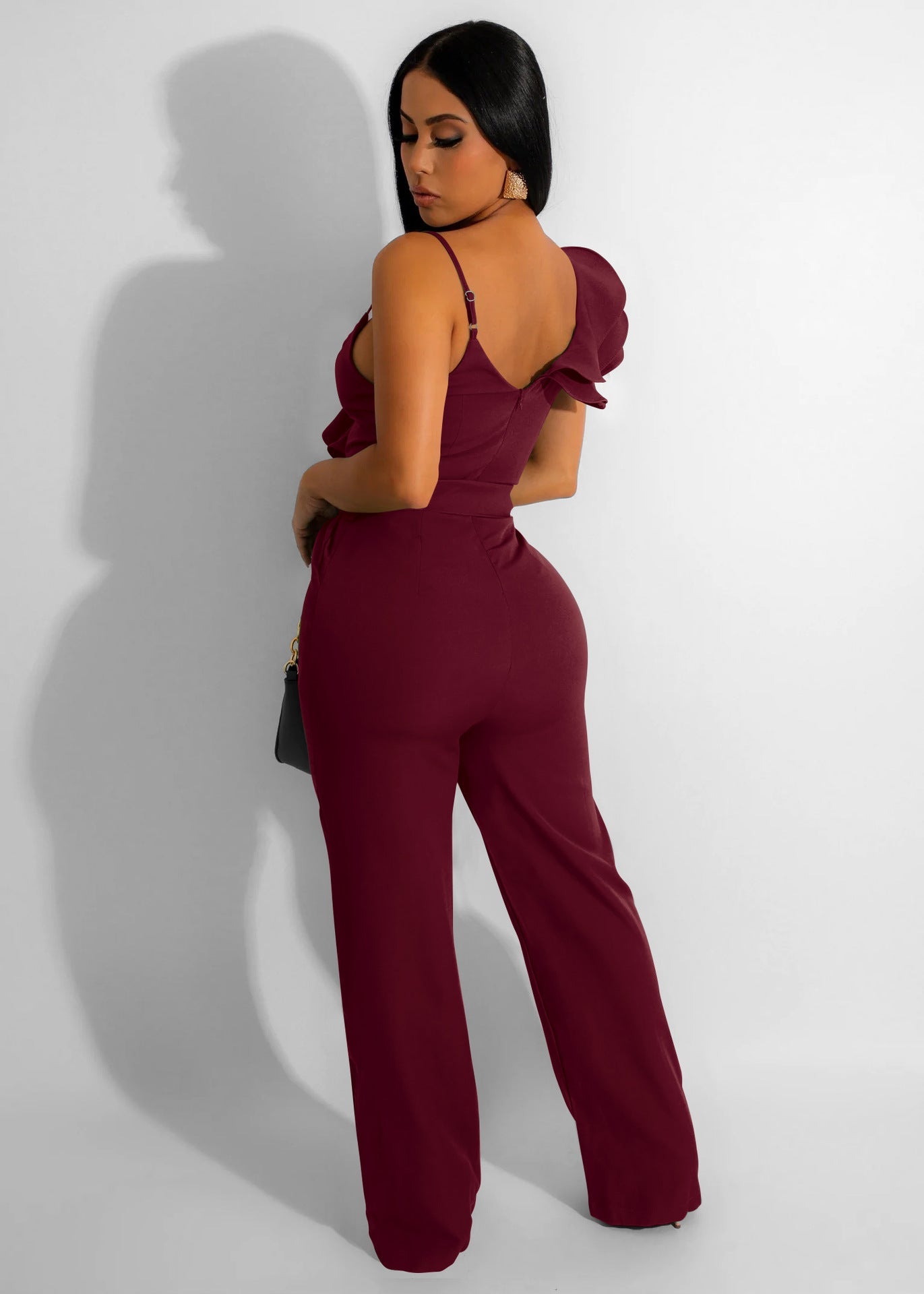 Ruffled Shoulder Sleeveless Waist-deep V Loose Solid Romsuit