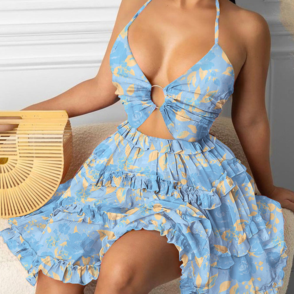 Printed Hollow-out Halter V-neck Cake Dress