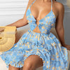 Printed Hollow-out Halter V-neck Cake Dress