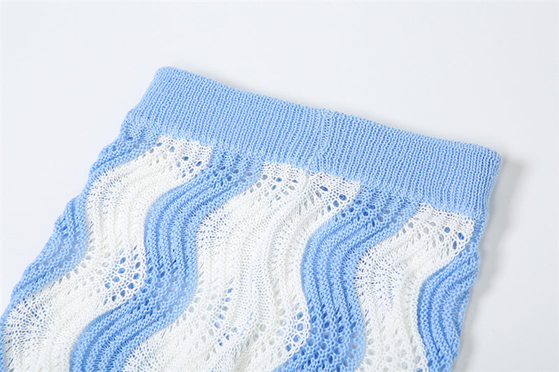 Wave Pattern Color Matching Knitted High Waisted Wide Leg Pants