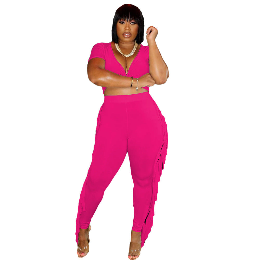 Tassel Trousers Crossed Short Sleeve Two-piece Suit