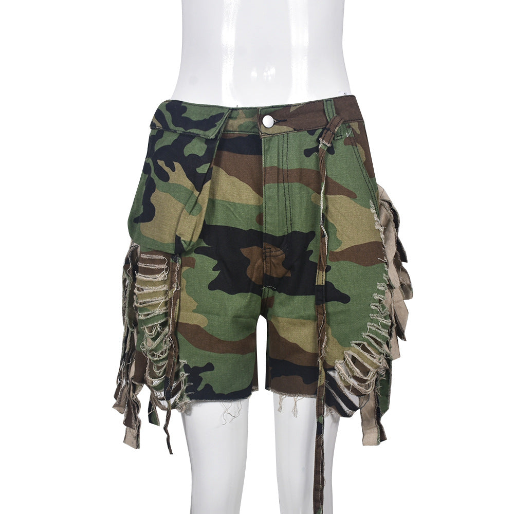 Camouflage Workwear Pocket Tassel Ripped Short