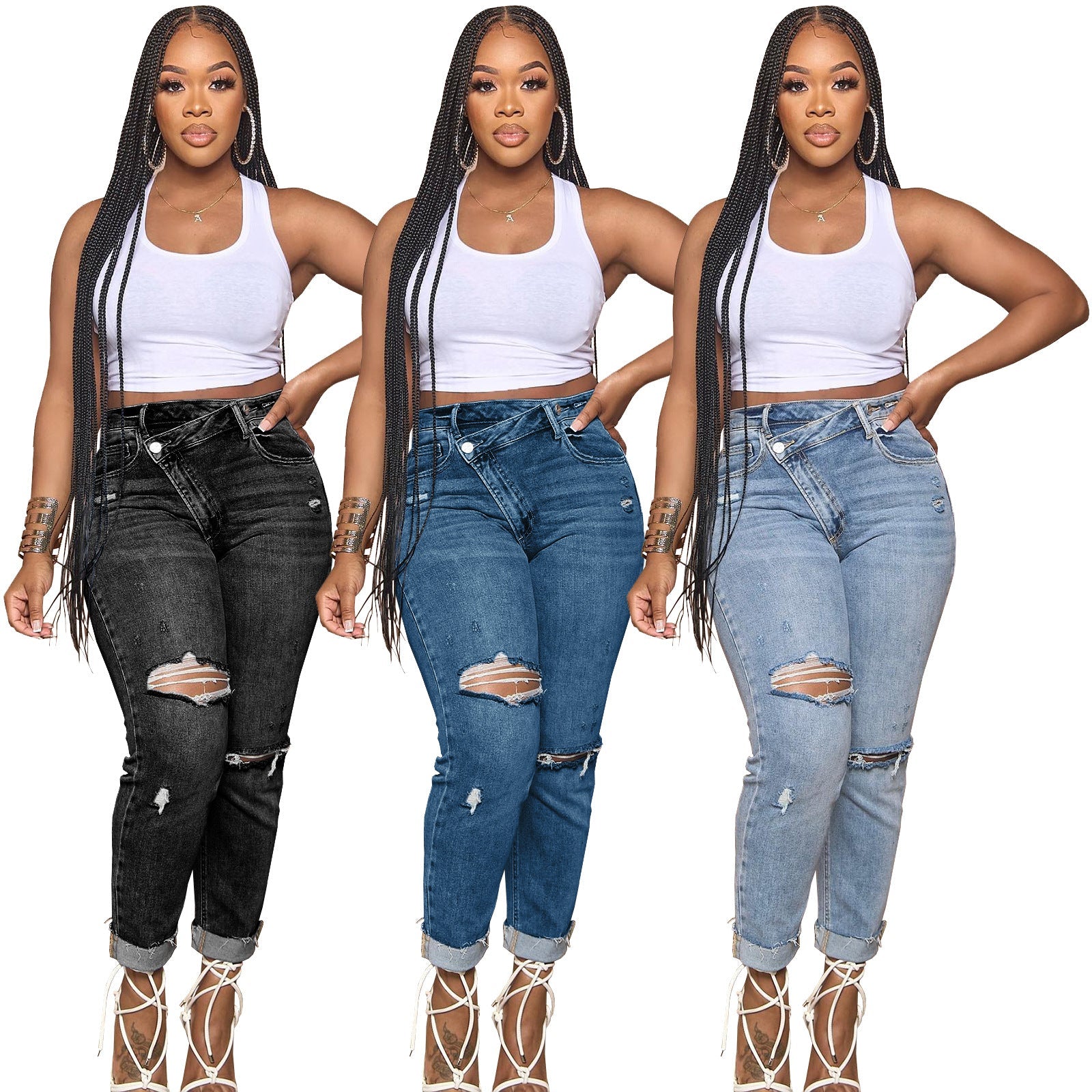 Ripped Diagonal Buckle Stretch Jeans