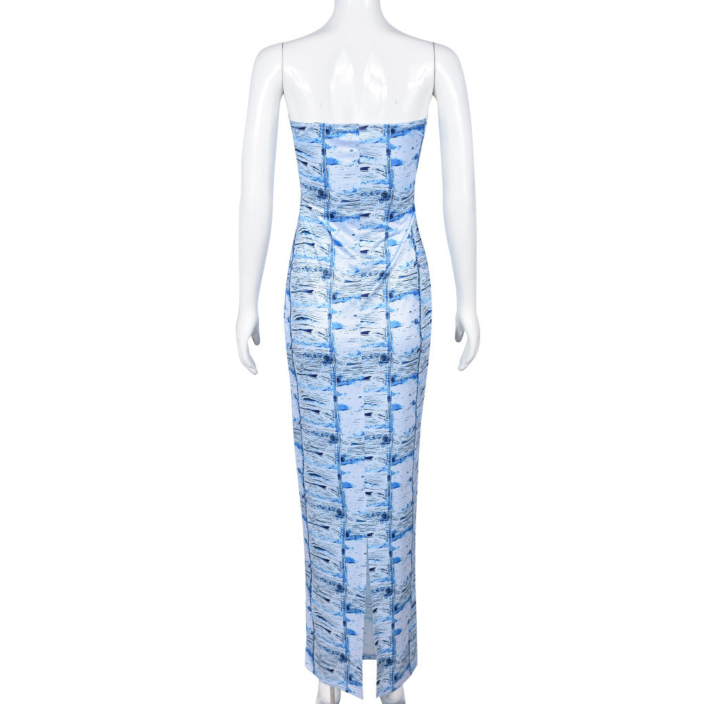 Slim Fit Backless Printed Tube Top Dress