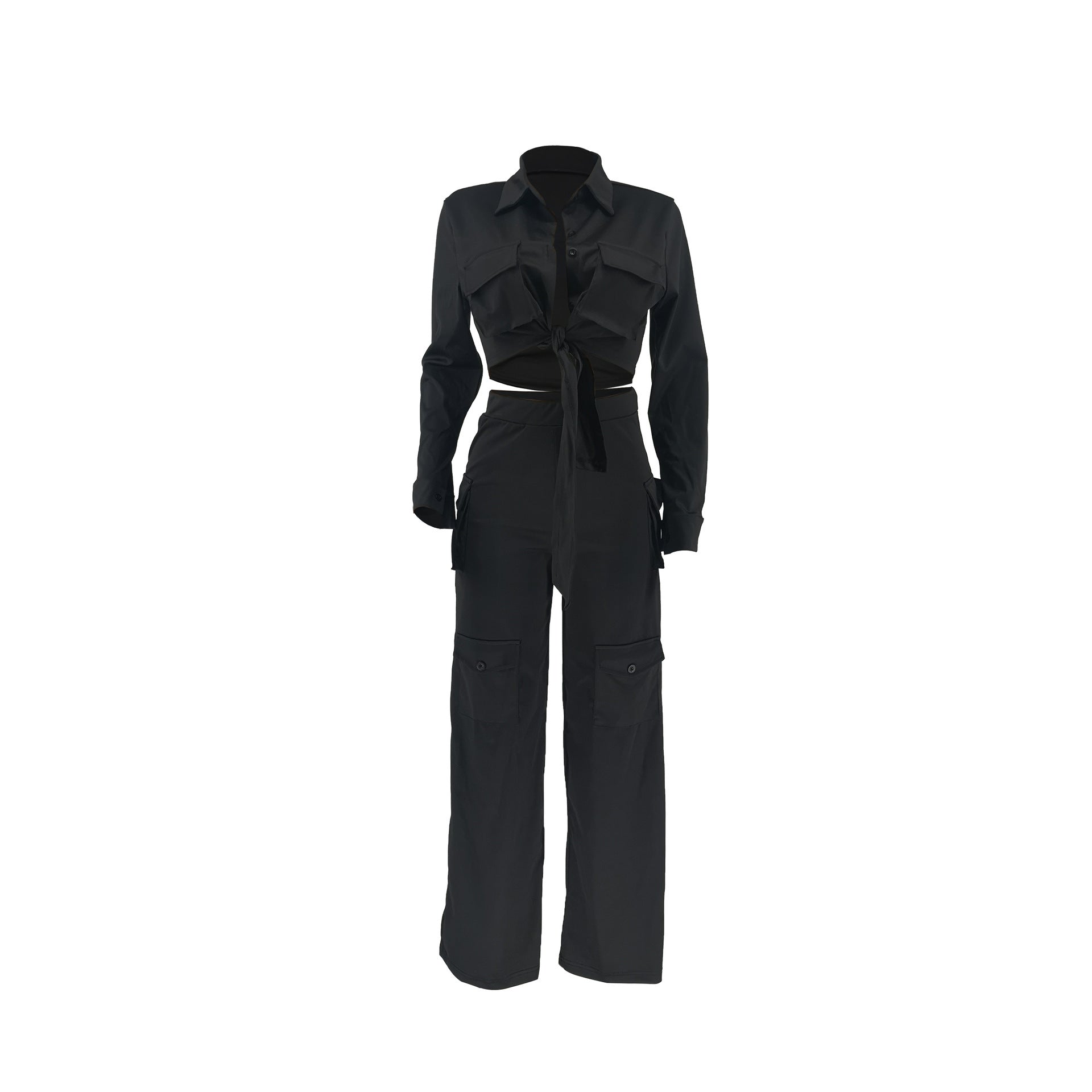 Long sleeves, long pants, cargo style, wide leg, solid color,2pc set