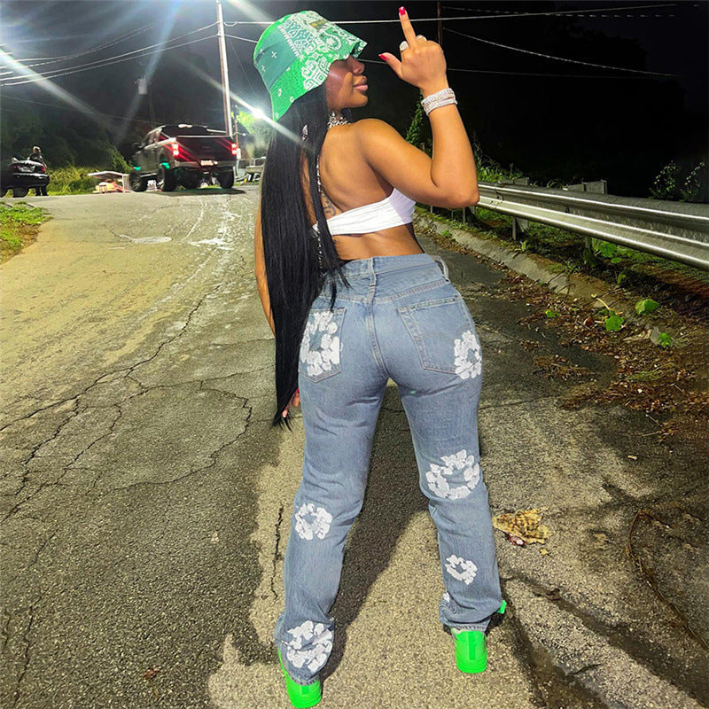 Printed high waisted casual straight jeans