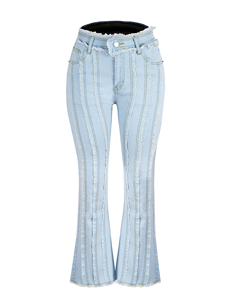 High Elastic Mid Waist Burrs Women's Denim Trousers