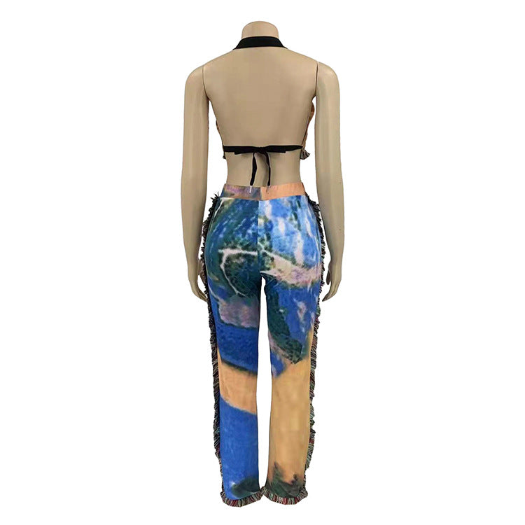 Printed Shoulder-Wrapped Chest Backless Tassel 2PC Set