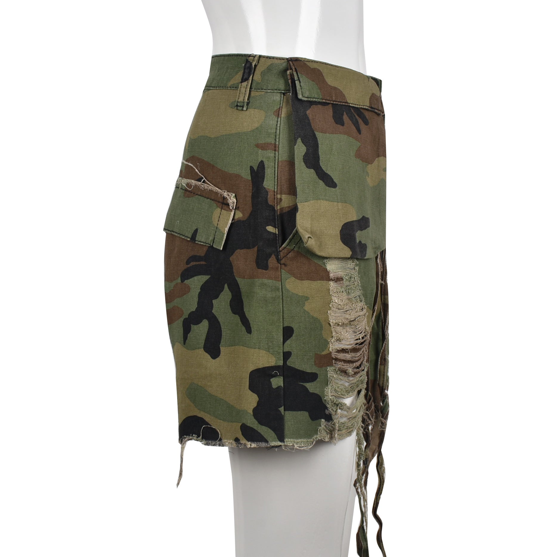 Camouflage Workwear Pocket Tassel Ripped Short
