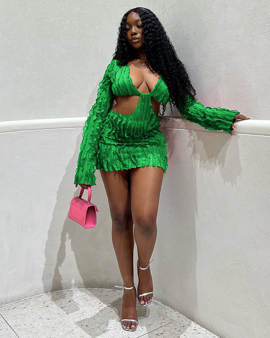 Long Sleeve Mesh Wave Pattern Sexy Short Dress