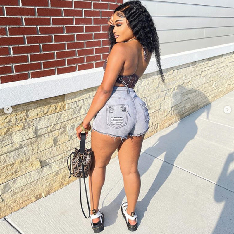 Ripped High Elastic Denim Shorts