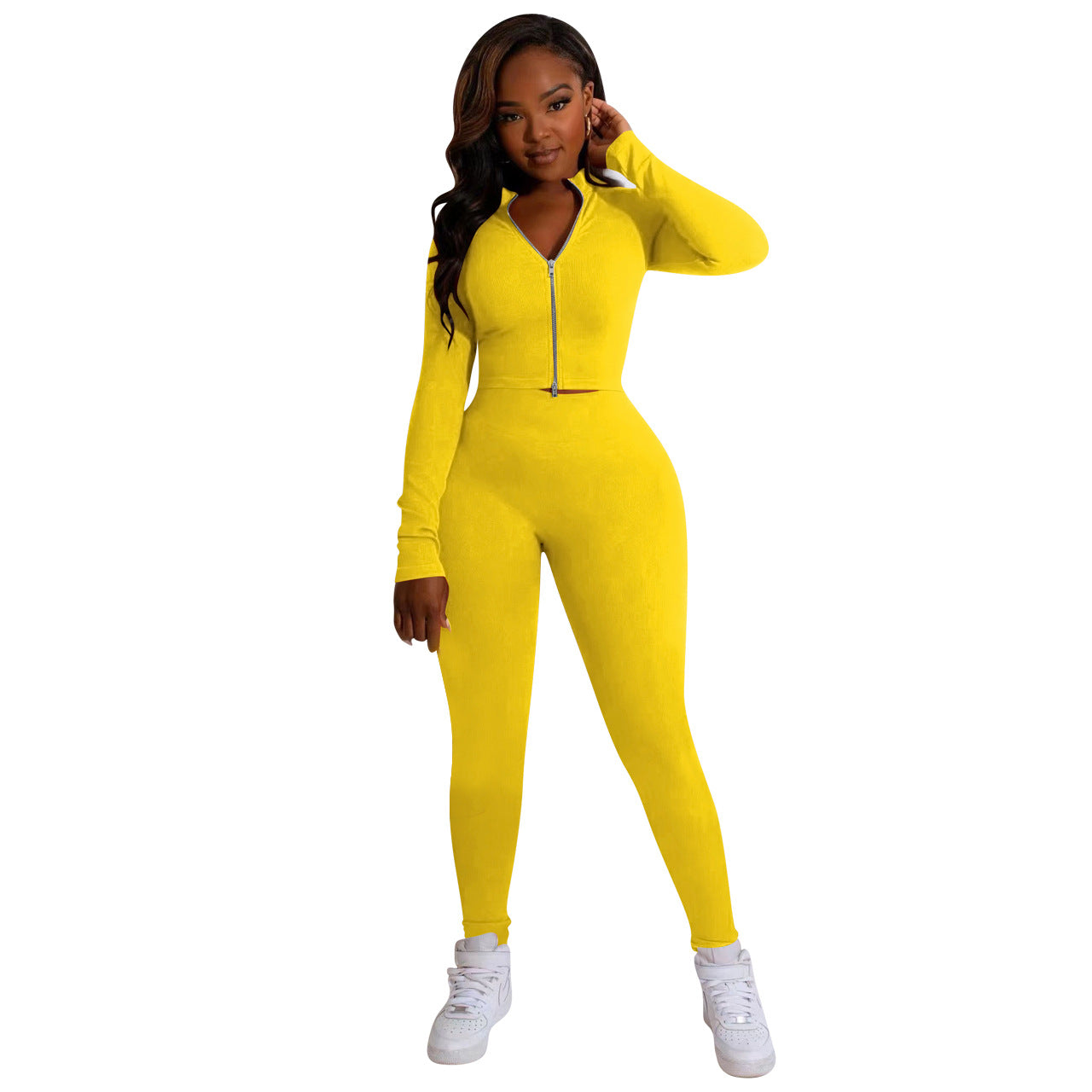 Fashion Slim Fit Zipper Solid Color 2PC Set