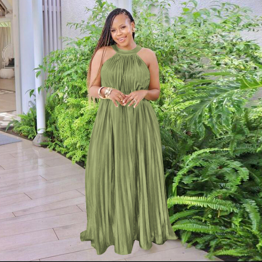 Sleeveless Off Shoulder Simulated Silk Pleated Large Swing Dress