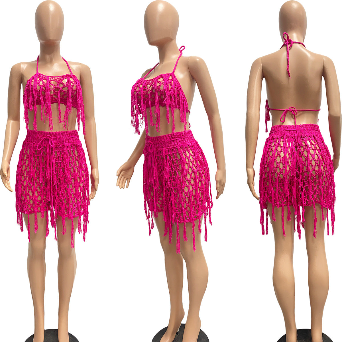 See-through Knitted Hand Crochet Tassel Beach Short Suit