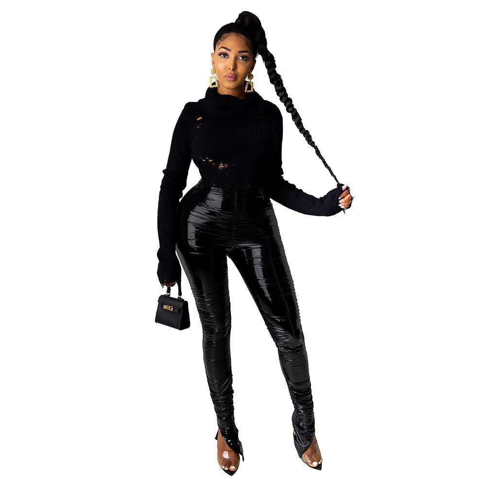 Crimp Slit Fleece-Lined PU Leather Pile Pants