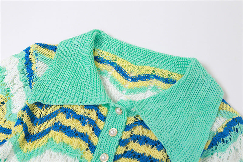 Knitted Dress Polo Color Contrast Dress
