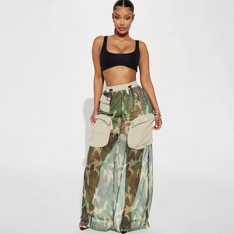 Mesh Camouflage Skirt Pocket Stitching Elastic Drawstring Tooling Dress