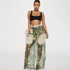 Mesh Camouflage Skirt Pocket Stitching Elastic Drawstring Tooling Dress