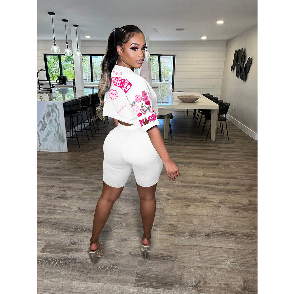Printed Round Neck Short Sleeve Shorts