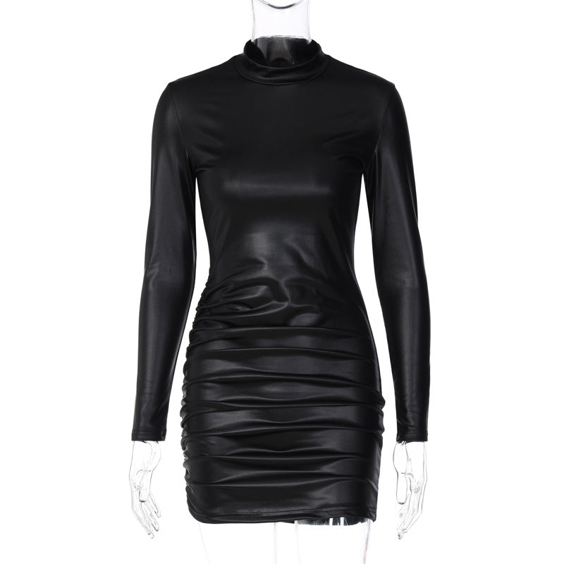 Faux Leather Pleated Long Sleeve Dress