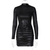 Faux Leather Pleated Long Sleeve Dress
