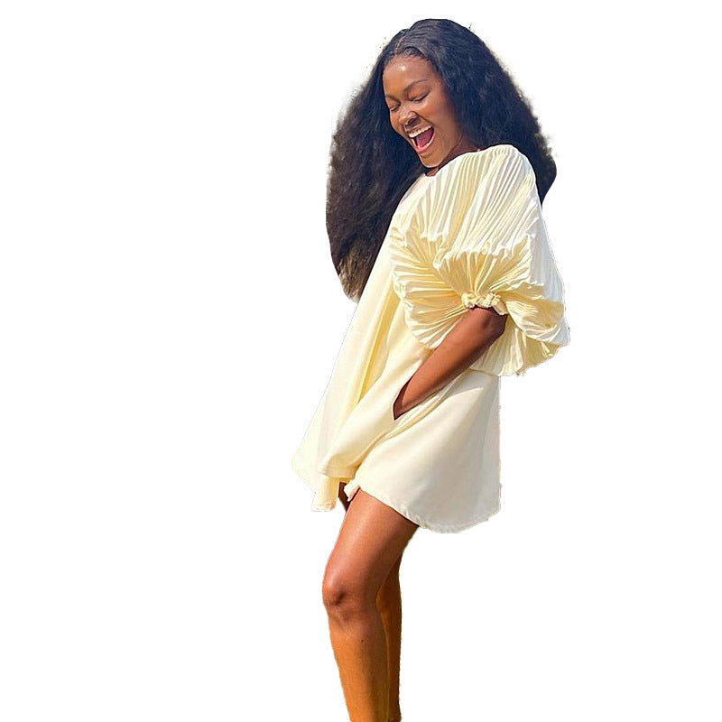 Pleated Lantern Sleeve Doll Dress