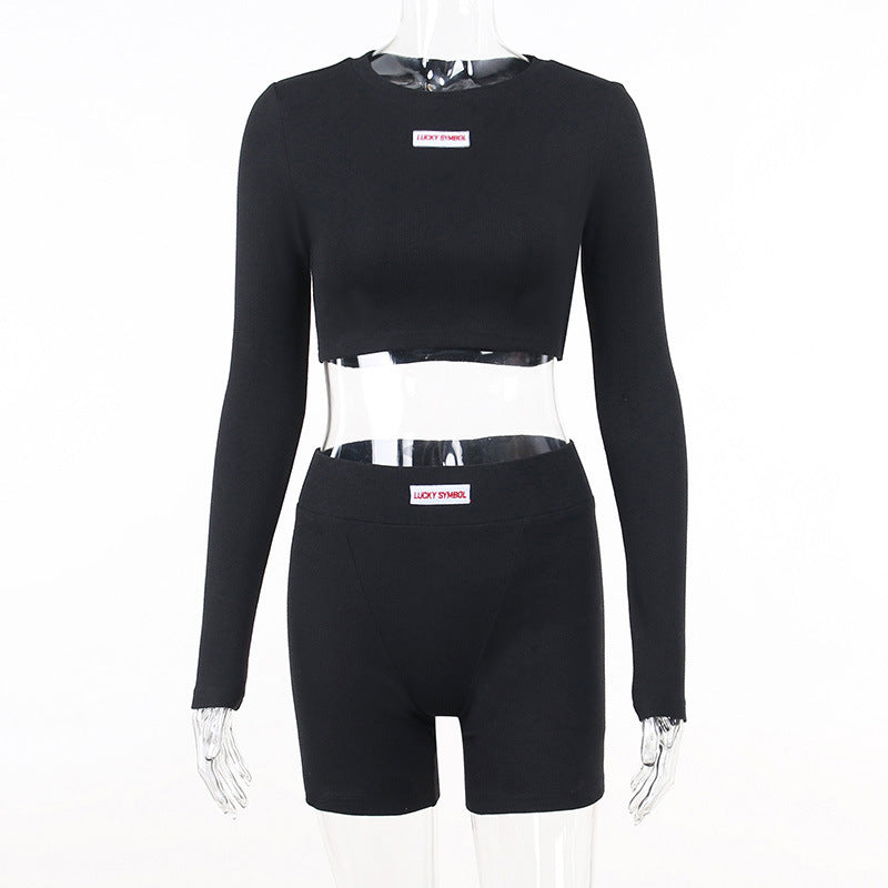 Long Sleeve Printed Top High Waist Shorts Two Piece Set