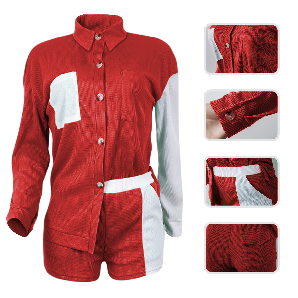 Waffle Cardigan Button Pants Pocket 2PCS Set