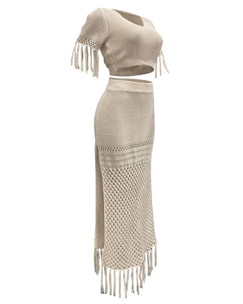 Split wool hand hook knitted tassel two-piece set