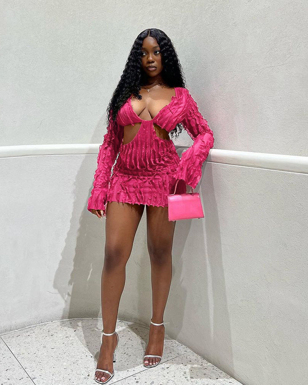 Long Sleeve Mesh Wave Pattern Sexy Short Dress