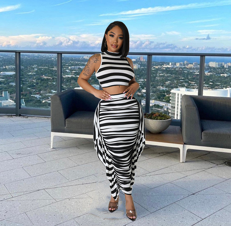 Black and White Striped Ruffled Skirt 2PC Set