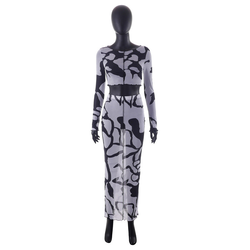 Printed Navel Long-sleeved Top and Long Skirt Set