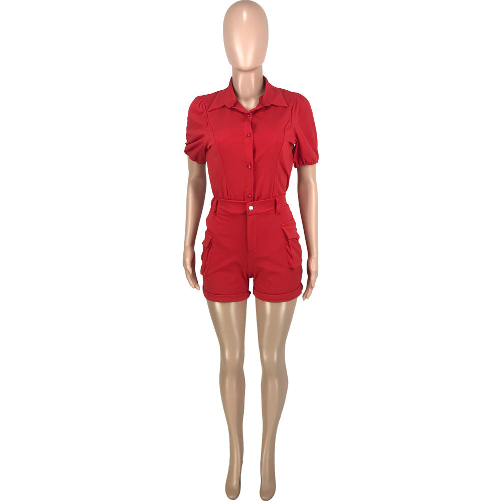 Button Zipper Pocket Loose Cardigan Shorts 2PC Set