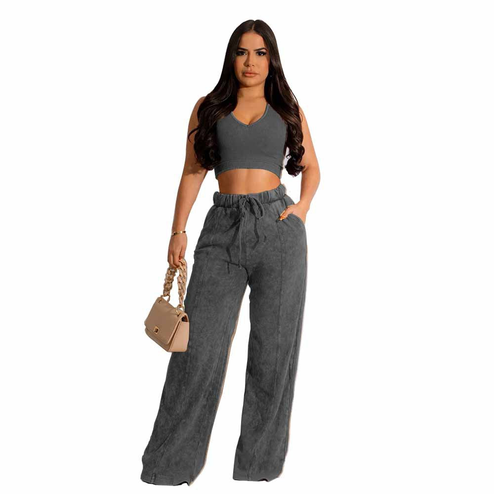 Sleeveless Open Waist Jacket Elastic Waist Wide-leg Pants Suit