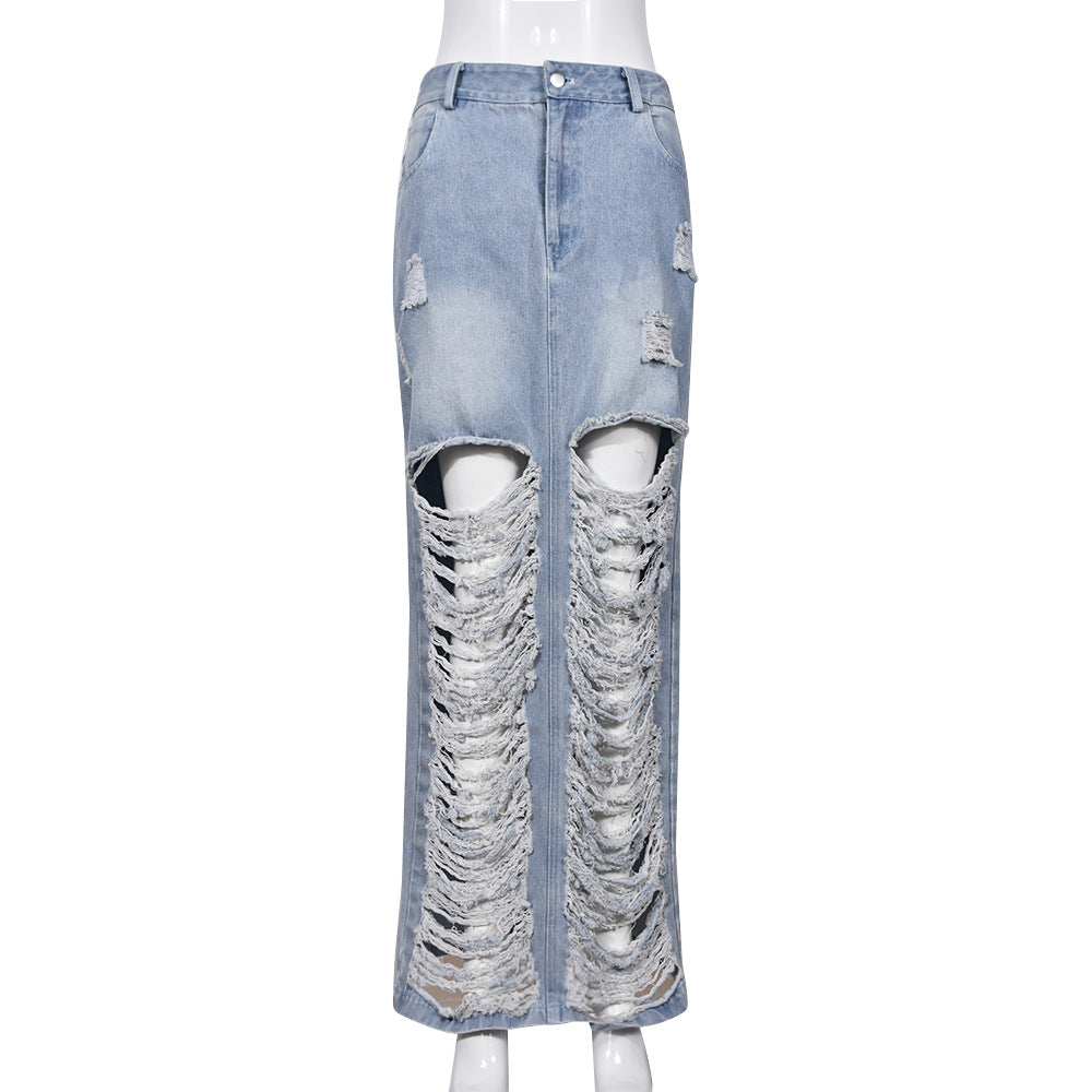 Fashion Personality Denim Wash Pocket Slit Tassel Skirt Female