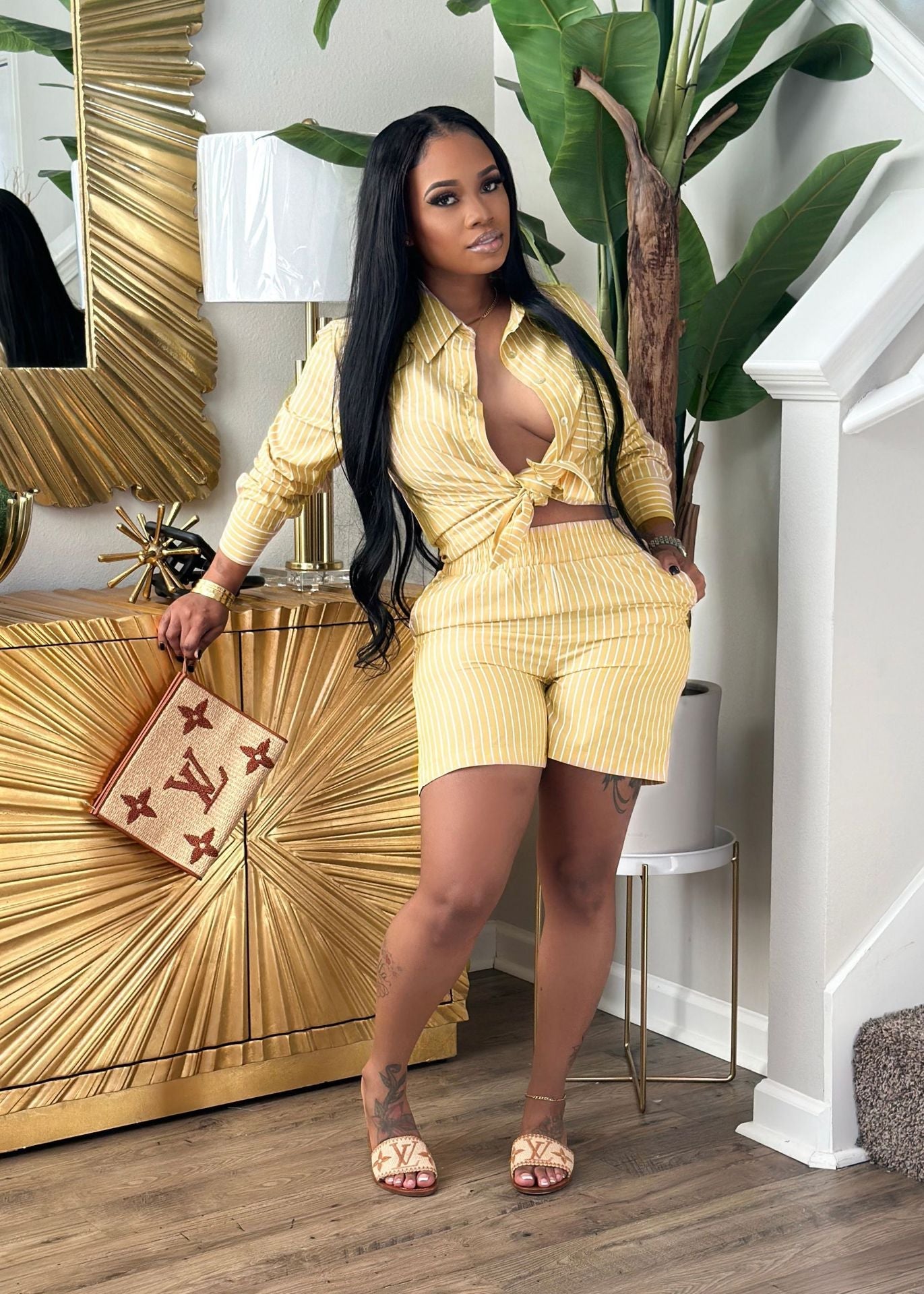 Patch Pocket Vertical Stripes Summer Thin 2PC Set