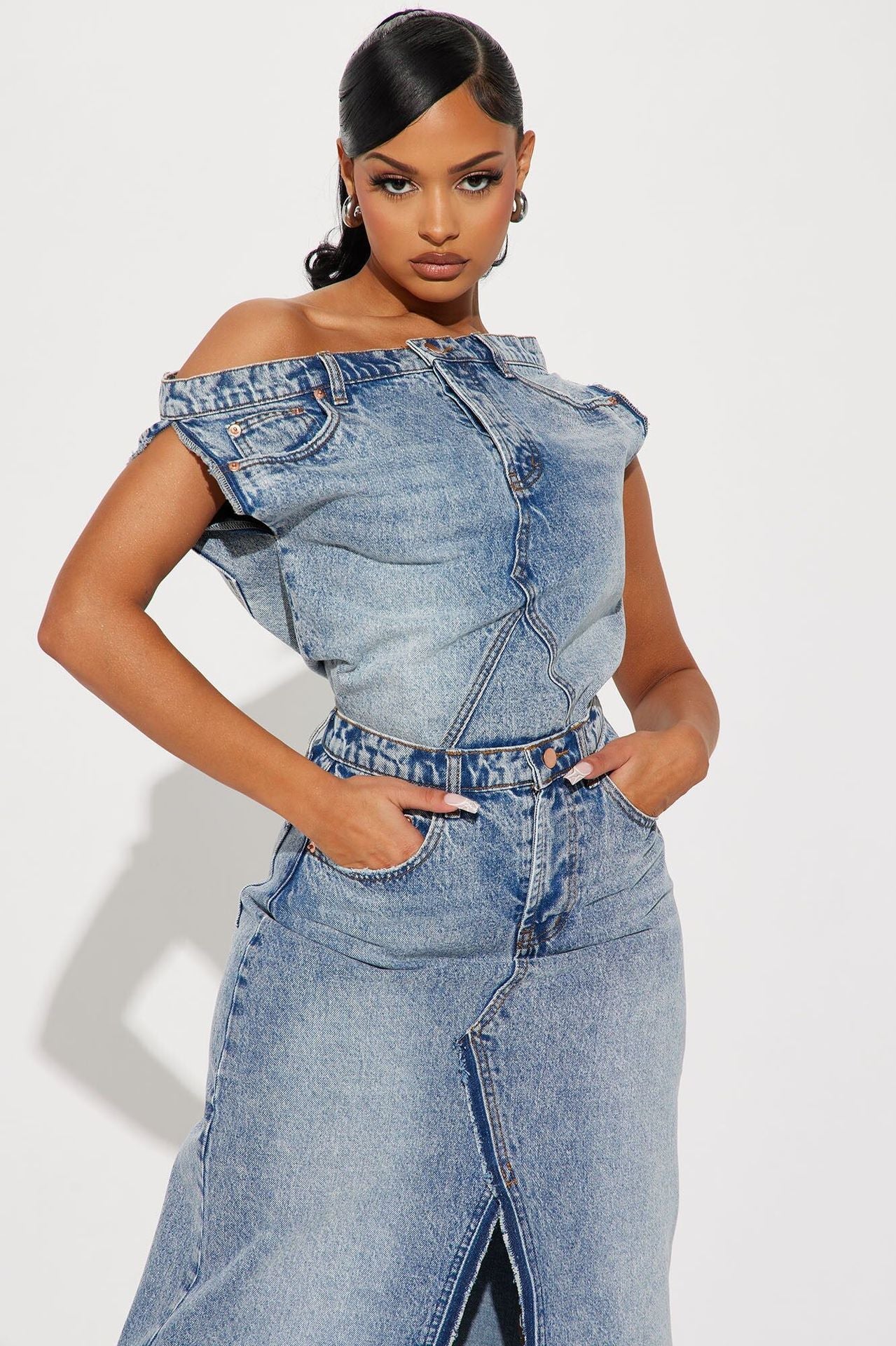 Off-the-Shoulder Vintage Denim Skirt Suit Two-Piece Set